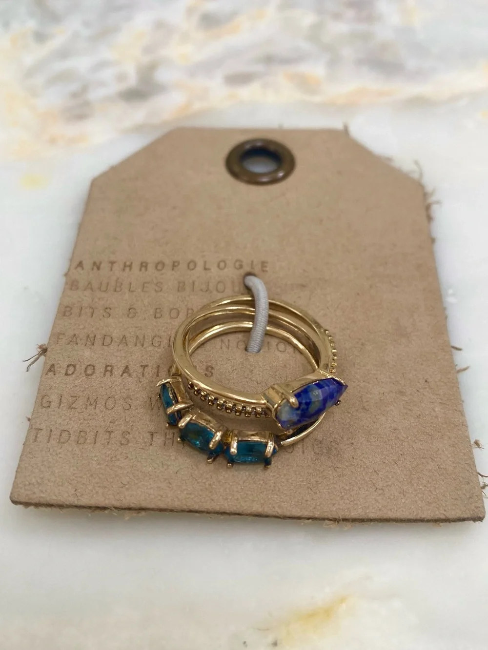 Anthropologie NWT 14K Gold Plated Blue Stone Ring Stack Set